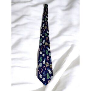 Keith Daniels Vintage Christmas Tie: Blue with Green Trees, Red & White Candy Ca